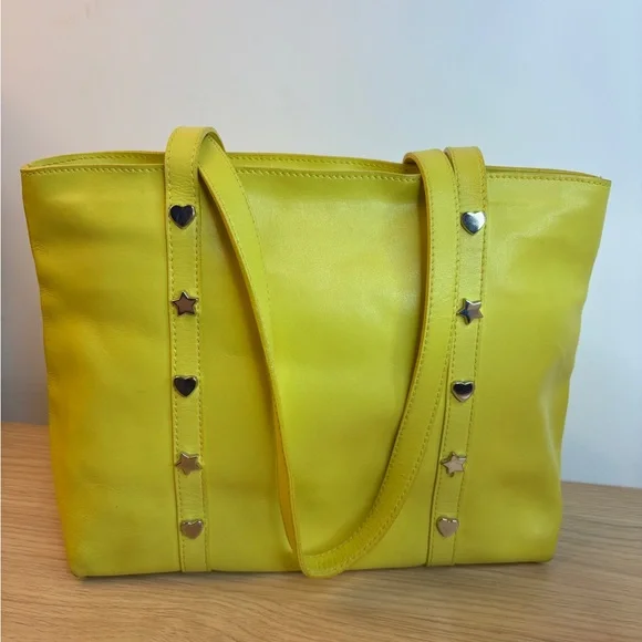 Furla Yellow Leather Tote Bag Made in Italy Heart Star Studded Shoulder Bag - Picture 2 of 14